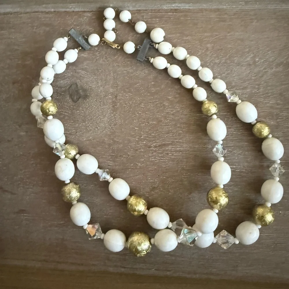 Vintage White, Iridescent, and Gold Beaded Necklace